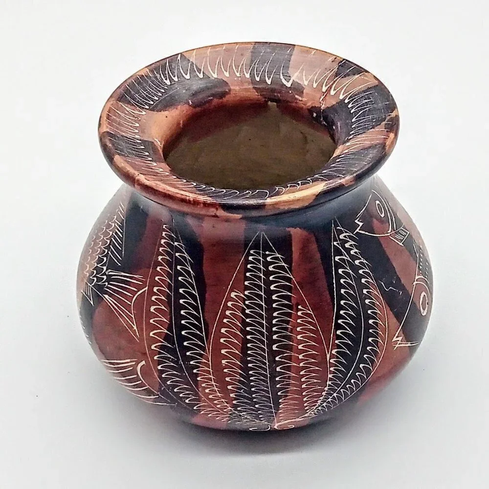 Hand-Carved Fish Brown Tan Clay Vase